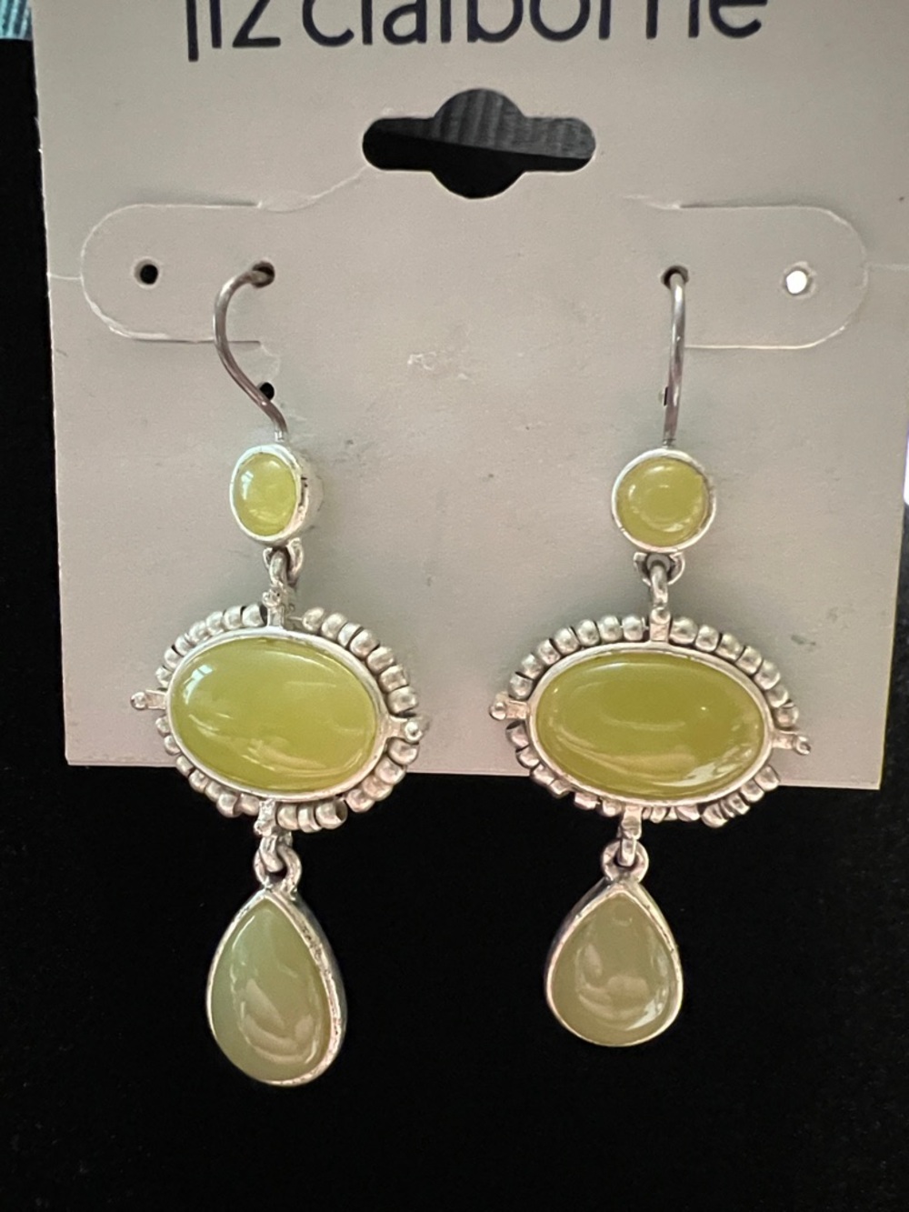 Liz Claiborne Lime-Green & Silver Triple Drop Earrings Vintage Fashion Jewelry